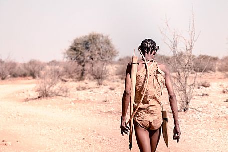 A San man walking in the bush savanna of the Kalahari Desert, Namibia. Africa