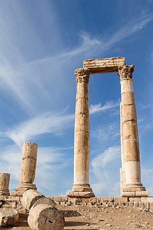 View from below of the columns ruins of Hercules temple in Amman Citadel, Jordan