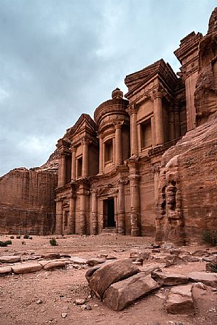 Al Deir Monastery facade view in a cloudy day in Petra, Jordan