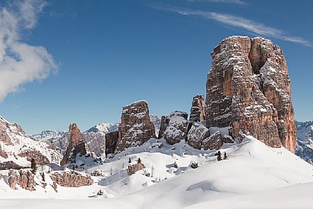 Scenic view of Cinque Torri mount peak covered in snow from Rifugio Scoiattoli during a sunny winter day, Cortina d'Ampezzo, Dolomites, Veneto, Italy, Europe