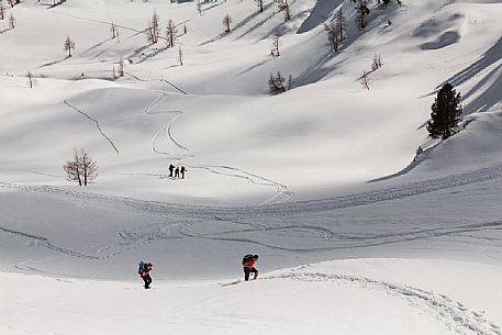 Hikers with snowshoes walking on the path near Cinque Torri peaks in a winter day, Cortina d'Ampezzo, Cadore, Dolomites, Italy, Europe