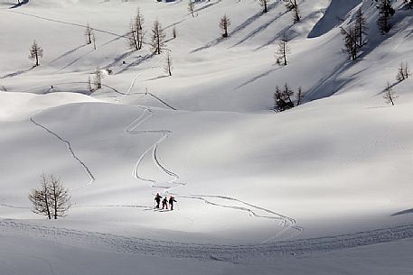 Family of hikers with snowshoes walking on the path near Cinque Torri peaks in a winter day, Cortina d'Ampezzo, Cadore, Dolomites, Italy, Europe