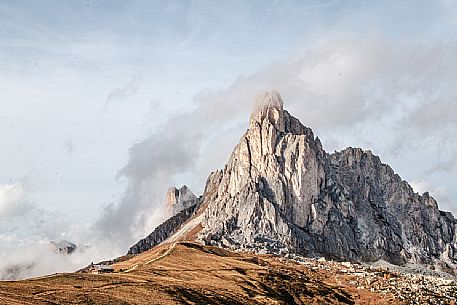 Gusela del Nuvolau and Nuvolau wrapped by clouds, Giau Pass, Dolomites, Belluno, Veneto, Italy, Europe