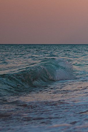 A wave breaks in the sea shore at sunset, Portonovo bay, Conero natural Park, Ancona, Marches, italy, Europe