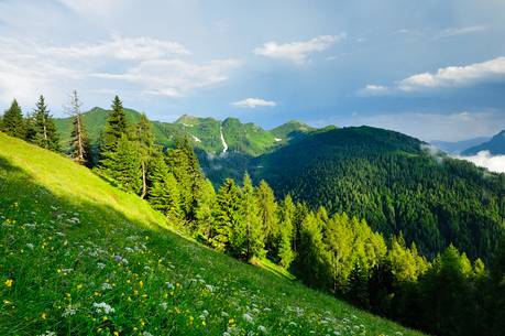 the Col Gentile emerges from the green pastures after a summer storm