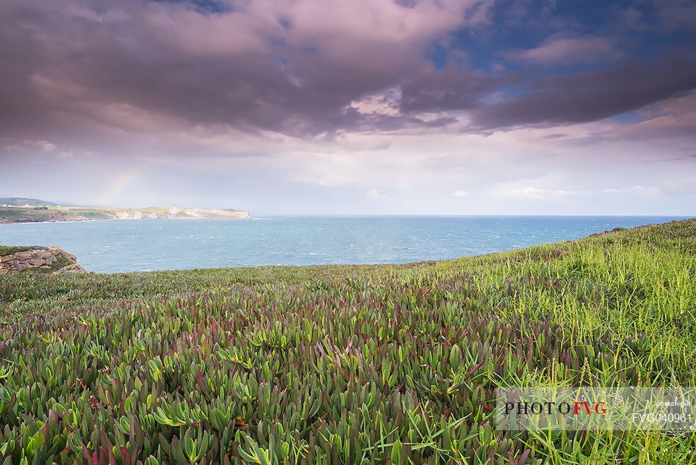 Between rays of sun, wind and rain, on the Atlantic Ocean at the Bajos de Arnia in Cantabria, the horizon was touched by a little rainbow, Spain, Europe