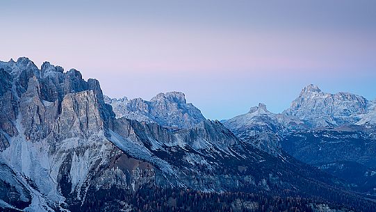 Twilight from Faloria toward Cristallo and Scarperi mountains, dolomites, Cortina d'Ampezzo, Veneto, Italy, Europe