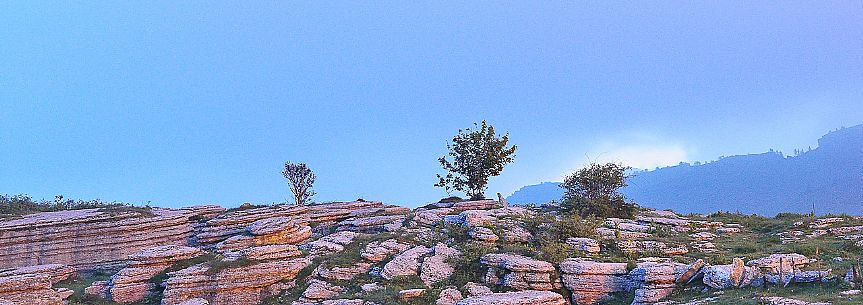 Characteristic rocks at dawn near Malga San Giorgio in the Lessinia Natural Park, Bosco Chiesanuova, Verona, Veneto, Italy, Europe