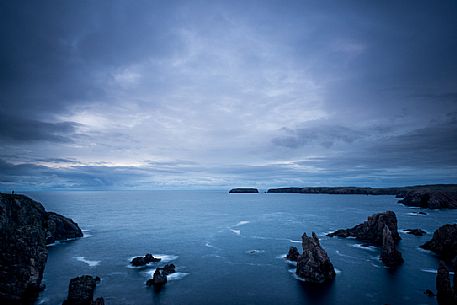 Sea stacks near Mangersta on the Outer Hebrides at twilight, Isle of Harris, Scotland, United kingdom