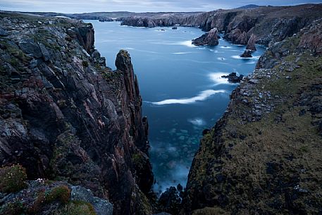 Sea stacks near Mangersta on the Outer Hebrides at twilight, Isle of Harris, Scotland, United kingdom