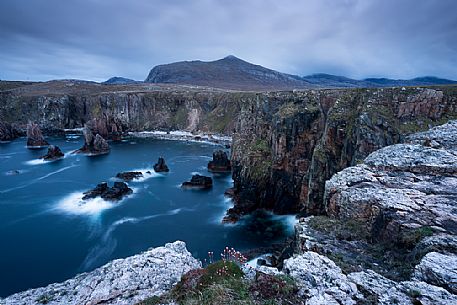 Sea stacks near Mangersta on the Outer Hebrides at twilight, Isle of Harris, Scotland, United kingdom