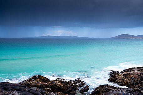 Rainy day on the coast near Traigh Seilebost. Outer Hebrides on the Isle of Harris, Scotland.