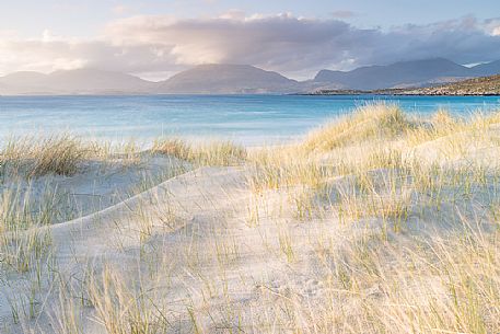 Sunset on Luskentyre beach in the Outer Hebrides on the Isle of Harris, Scotland.