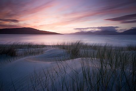 Twilight on Luskentyre beach in the Outer Hebrides on the Isle of Harris, Scotland.