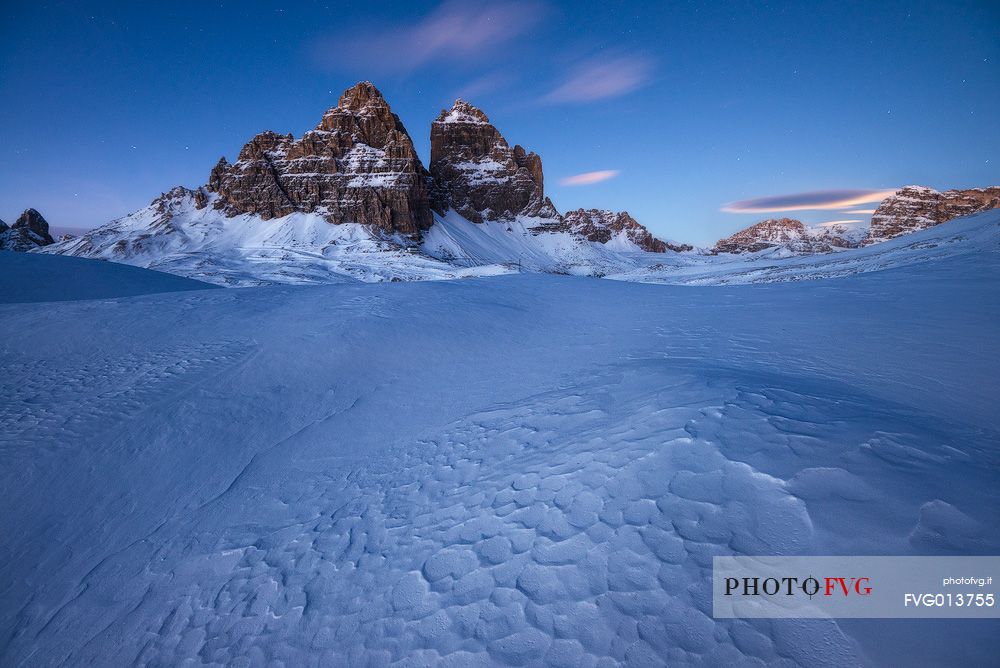 Tre Cime di Lavaredo on the southern side at blue hour
