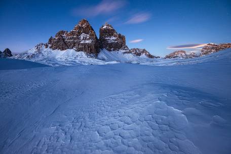 Tre Cime di Lavaredo on the southern side at blue hour
