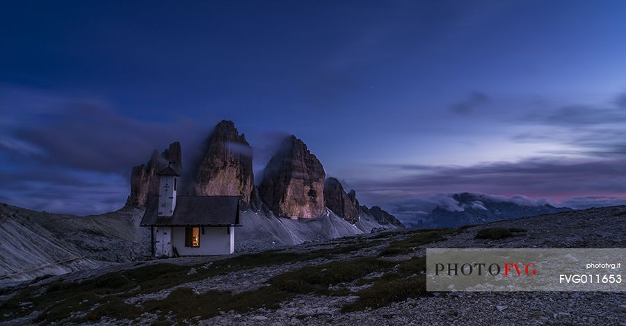 Blue hour over the smal church near Locatelli refuge, Dolomiti di Sesto Natural Park