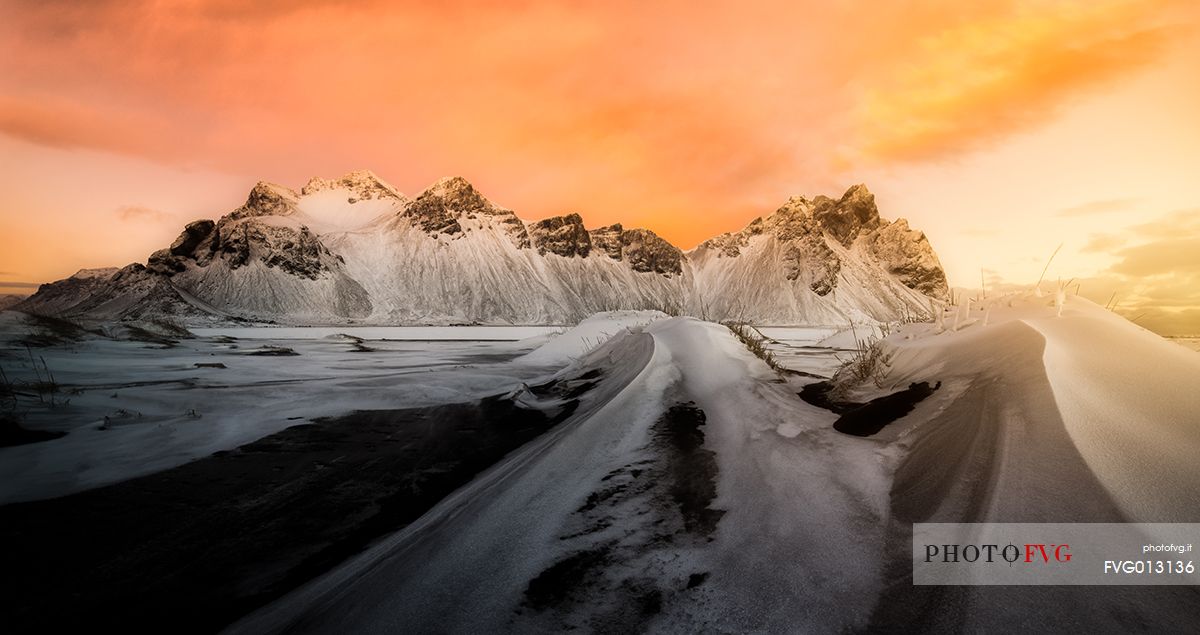 Black beach of Stokksens at sunrise