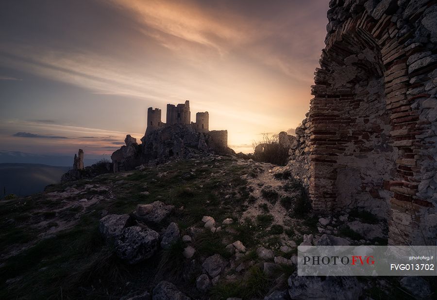 Calascio fortress, ancient village of Abruzzo at twilight, Rocca Calascio, Gran Sasso and Monti della Laga national park