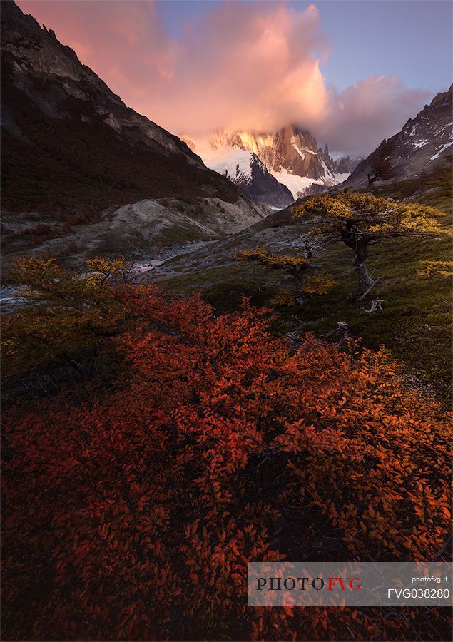 Sunrise at Cerro Torre peak, Los Glaciares National Park, Patagonia, Argentina, South America