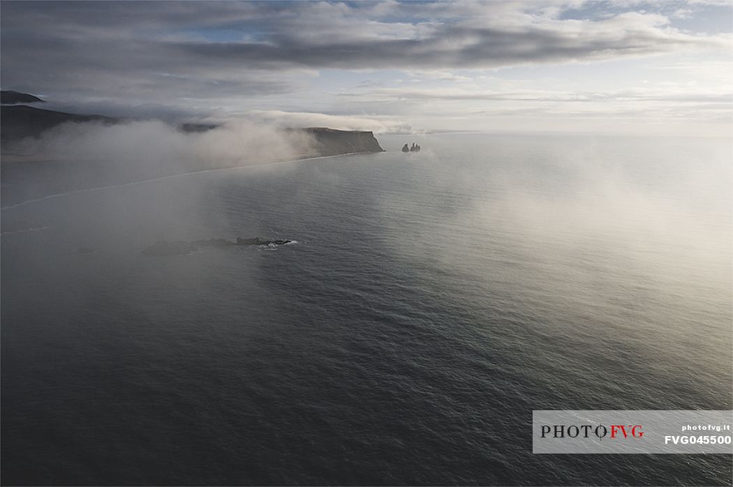 Aerial view of Cape Dyrholaey with the Reynisdrangar Basalt Rocks, Vik i Myrdal, Iceland, Europe