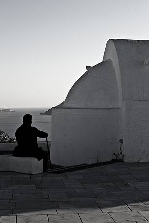 church on santorini island on sunset