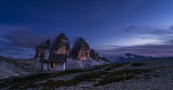 Blue hour over the smal church near Locatelli refuge, Dolomiti di Sesto Natural Park