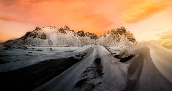 Black beach of Stokksens at sunrise