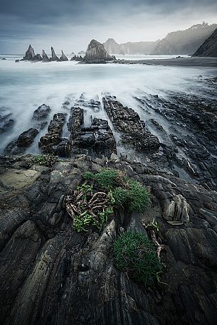 Sharp islets near Gueirua beach, Asturias coast, Spain