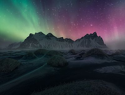 Aurora at Vestrahorn mountain, Iceland