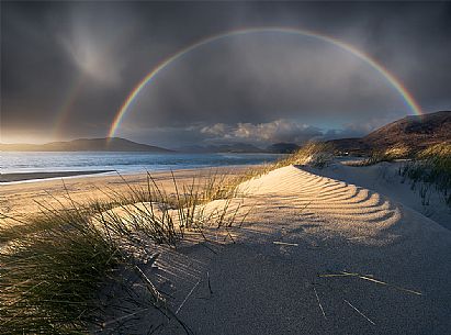 Iconic scottish landscape, Luskentyre beach whit rainbow, Harris isle, Scotland, Uk