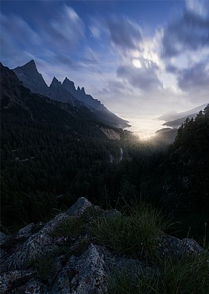Nightscape in Paneveggio and Pale di San Martino natural park, Dolomites, Italy
