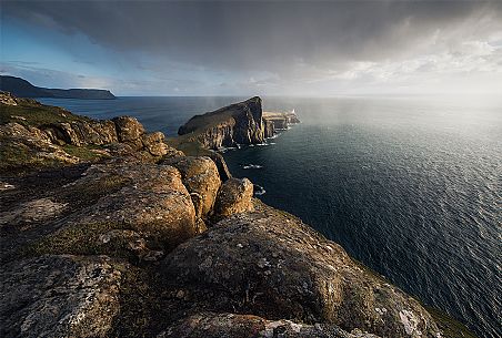 Sunset at Neist Point lighthouse, Isle of Skye, Scotland, UK