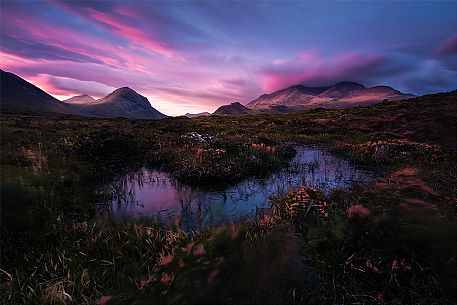 The Cuillins Hills at sunrise, view from Sligachan, Isle of Skye, Scotland, UK