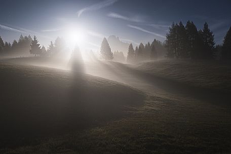 Sunrise in the plateau of Alpe di Siusi, dolomites, South Tyrol, Italy