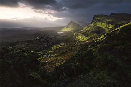 Quiraing on the Trotternish peninsula in the stormy sunrise, Isle of Skye, Scotland