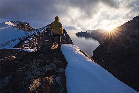 Overview of Okshornan Mountains with Devil's Teeth at sunset, Senja Island, Norway