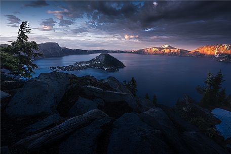 Twilight at the Crater Lake with Wizard Island, Oregon, USA