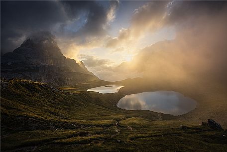 Sunrise over Piani lakes in the Tre Cime di Lavaredo natural park, Sexten, South Tyrol, Italy, Europe