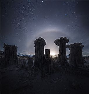 The moonset with rainbow over Mono lake, Mono Lake Tufa State Reserve, California, United States, USA