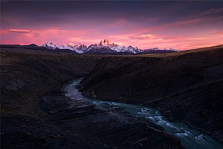 Beautiful sunset with Fitz Roy in the background, Los Glaciares National Park, Argentina
