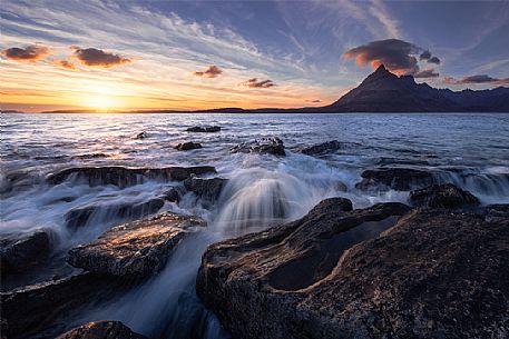 Cuillins Hills across Loch Scavaig seen from the beach of Elgol, Isle of Skye, Scotland, United Kingdom, Europe