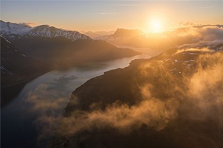 Sunrire over Reine fjord, Moskenesoy, Lofoten Islands, Norway, Europe
