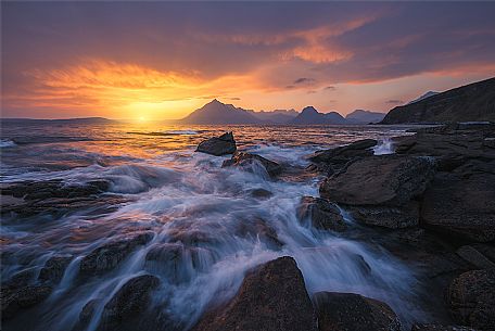 View from Elgol beach on Loch Scavaig towards the Cuillin Hills, Isle of Skye, Highland Region, Scotland, Great Britain, Europe