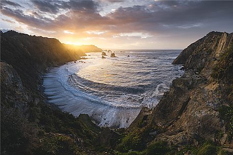 Playa del Silencio at sunset, Cudillero, Asturias, Spain, Europe