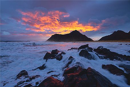 Twilight at Skagsanden beach, Flakstadoya, Lofoten islands, Norway, Europe