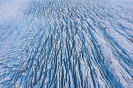 Aerial view of the crevasses in the Vatnajkull National Park, Iceland, Europe