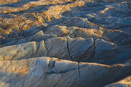 Aerial view of the crevasses in the Vatnajkull National Park, Iceland, Europe