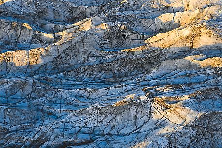 Aerial view of the crevasses in the Vatnajkull National Park, Iceland, Europe