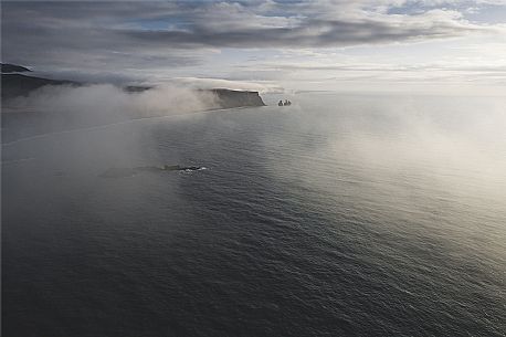 Aerial view of Cape Dyrholaey with the Reynisdrangar Basalt Rocks, Vik i Myrdal, Iceland, Europe